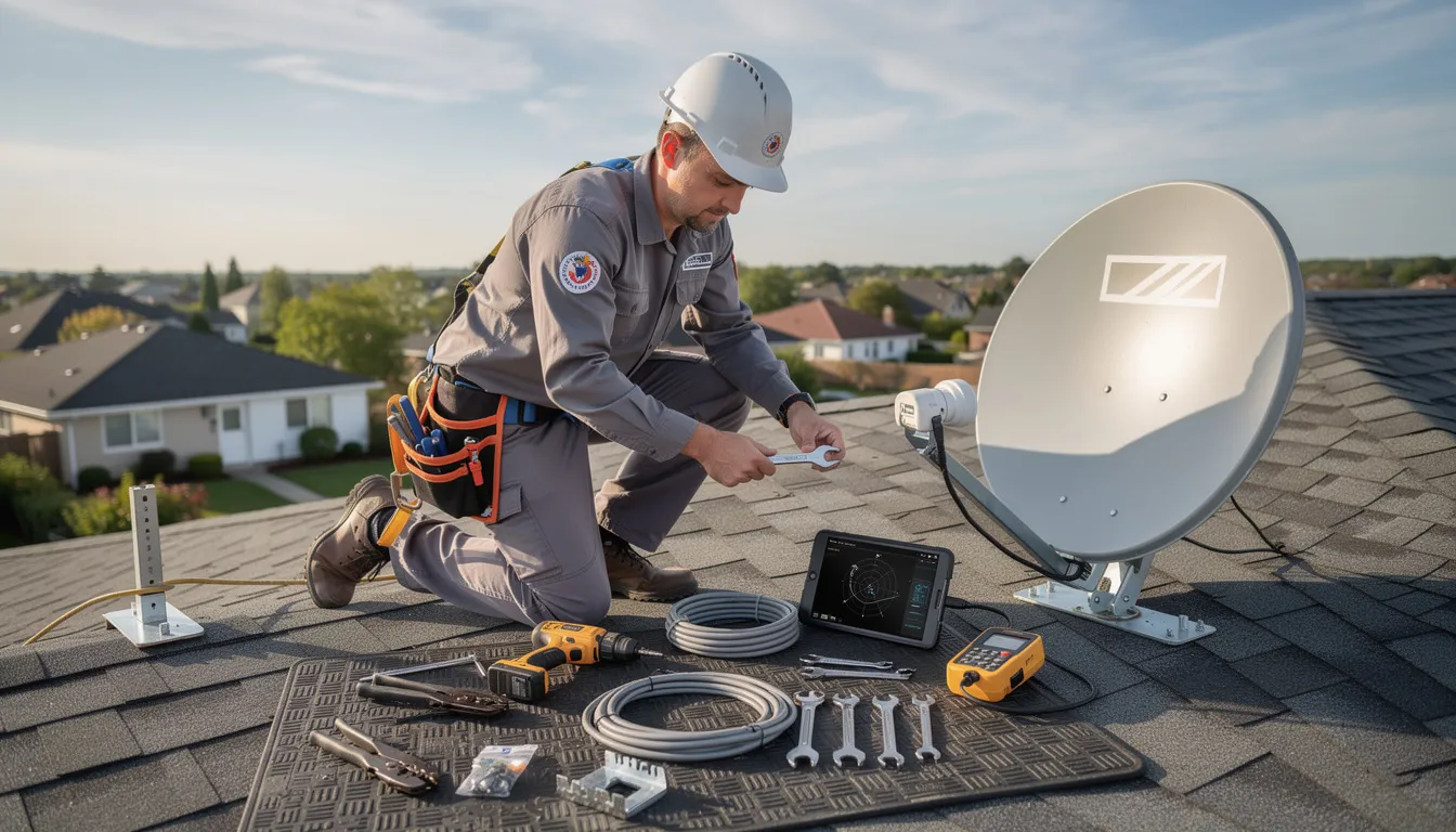 A professional installer is seen preparing tools for a satellite dish installation, showcasing various equipment needed for setting up a DSTV system. This image highlights the expertise of accredited DSTV installers in Kuils River, emphasizing their readiness to provide efficient DSTV installation services.
