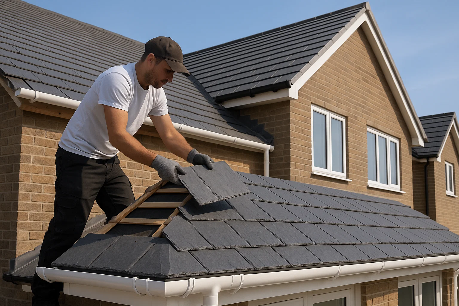 Lightweight synthetic composite roof tiles being fitted on a modern UK home by a roofer in daylight.
