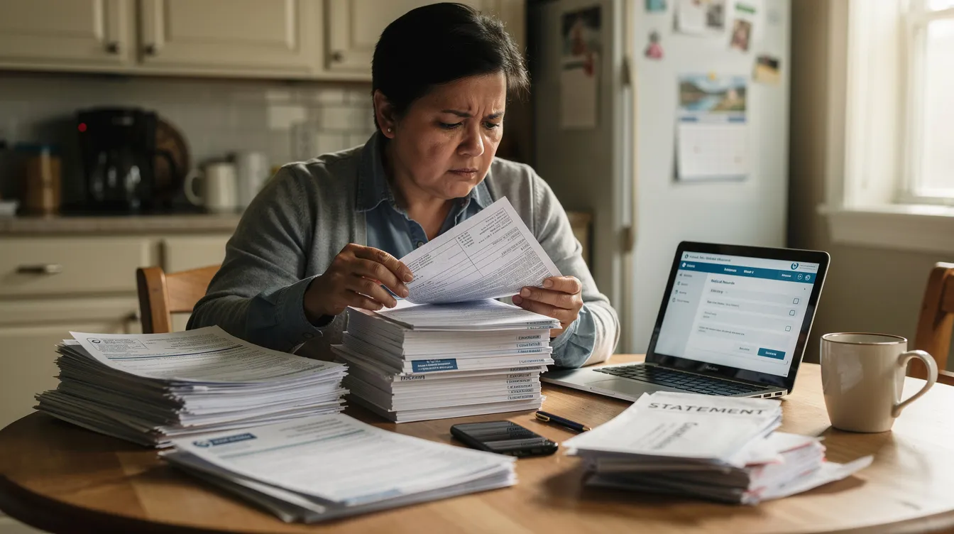 A person is sitting at a kitchen table, carefully organizing medical paperwork and documents related to their social security disability claim. The scene conveys a sense of diligence and focus, emphasizing the importance of having all the evidence ready for the appeals process or reconsideration level in Louisiana.