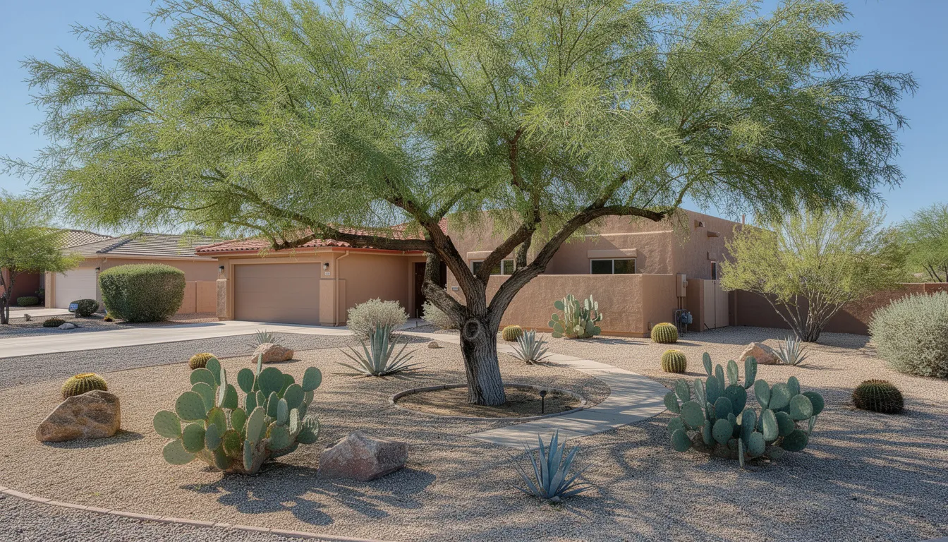 A mature mesquite tree stands prominently in a residential yard in Arizona, surrounded by carefully arranged desert landscaping that includes rocks and native plants. This serene setting highlights the importance of maintaining a healthy plumbing system, as tree roots can sometimes interfere with sewer lines, leading to potential sewer line issues for homeowners.