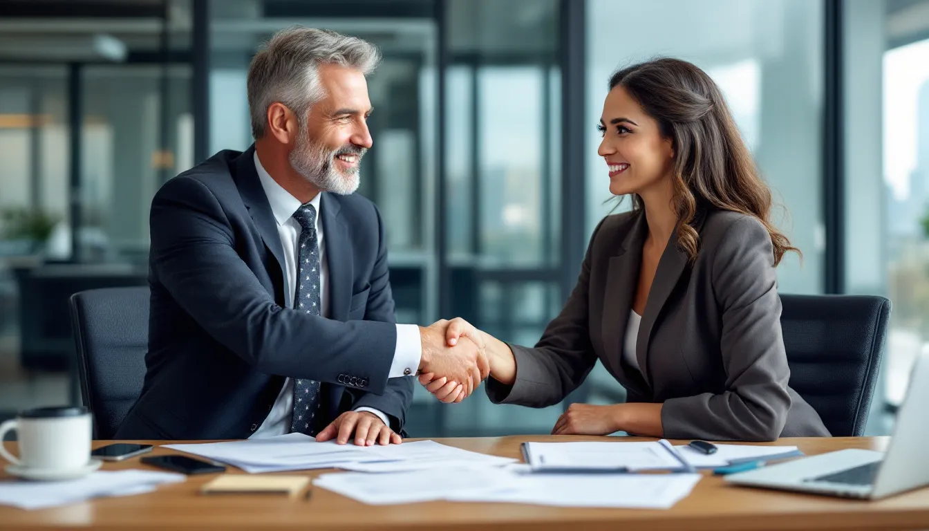 A business owner and a potential buyer are shaking hands, symbolizing the finalization of a financing agreement for a business acquisition. This moment represents a significant step in the sale process, highlighting the collaboration between the seller and prospective buyers in the business world.