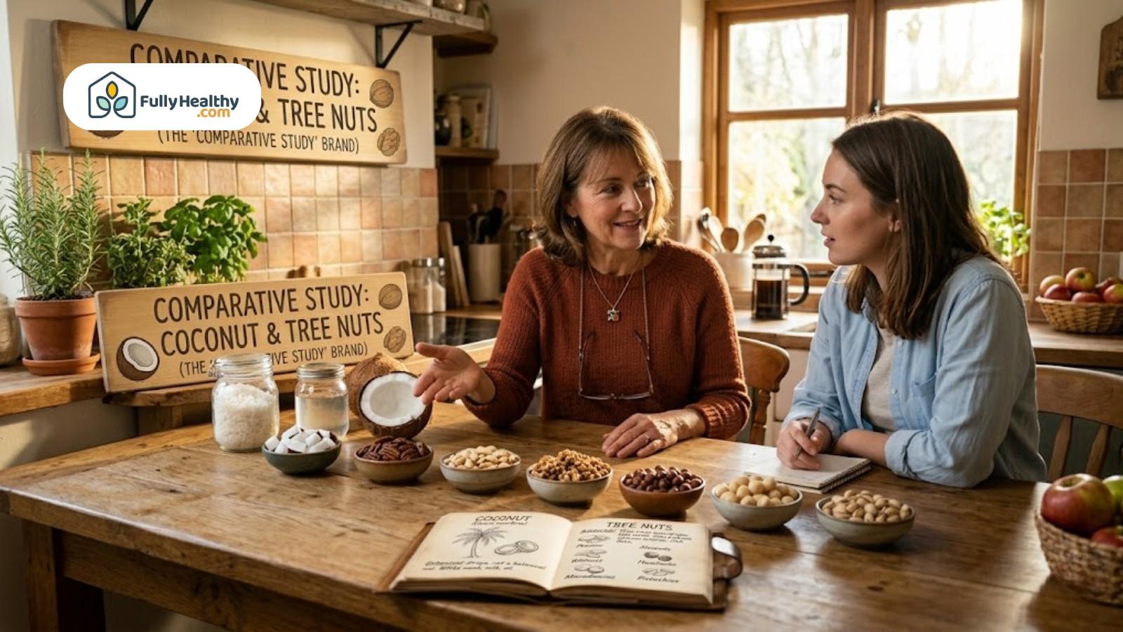 Two women discussing coconut and tree nuts with educational comparison display