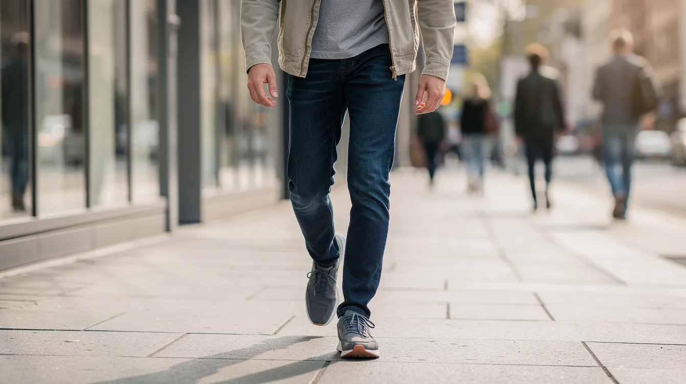 A man is walking down a city sidewalk, dressed in dark blue straight leg jeans and casual shoes, embodying a laid-back style perfect for everyday wear. The quality denim of his jeans offers both comfort and a classic look, making them a great pair for casual outings.