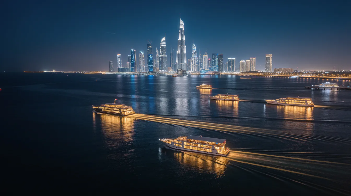 A imagem mostra barcos coloridos navegando nas águas de Dubai, com a cidade moderna ao fundo, destacando-se os arranha-céus e a arquitetura impressionante dos Emirados Árabes Unidos. Este cenário reflete o estilo de vida vibrante e a cultura rica da região, atraindo turistas e viajantes de todo o mundo.