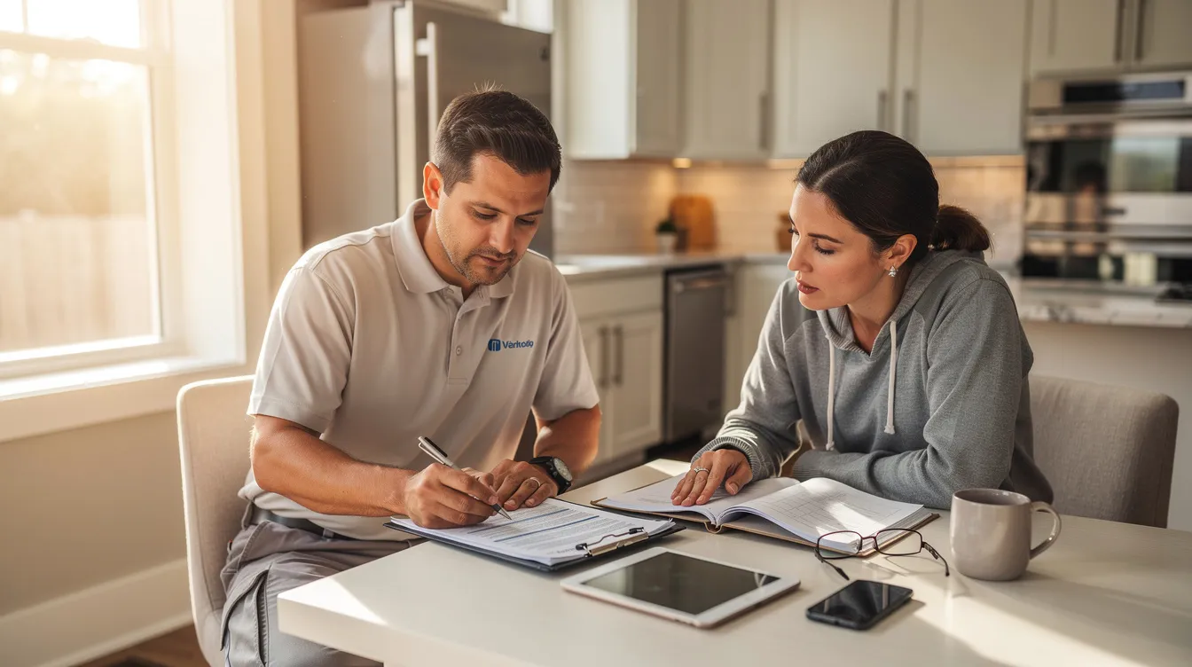 A homeowner is seated at a kitchen table, discussing documents with an HVAC professional regarding the installation of a new heat pump system. They are reviewing important details such as load calculations and the right size heat pump for their 1,500 sq ft home to ensure optimal energy efficiency and comfort.