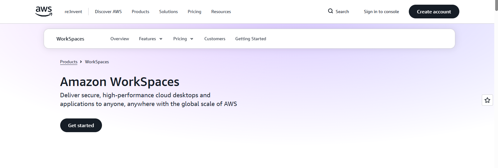 Amazon WorkSpaces homepage showcasing secure cloud desktops, virtual desktop infrastructure (VDI), and scalable remote access solutions powered by AWS.
