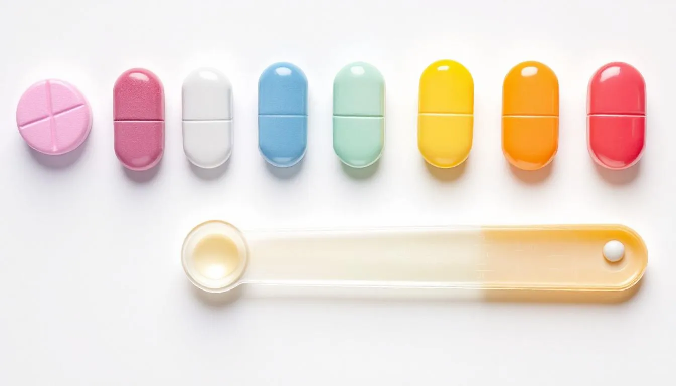 The image features several medicine tablets alongside a measuring spoon on a white background, representing medication that may include betahistine, a drug commonly prescribed for conditions like Ménière's disease and vestibular disorders. These tablets can help improve blood flow to the inner ear, potentially relieving symptoms such as dizziness and tinnitus.