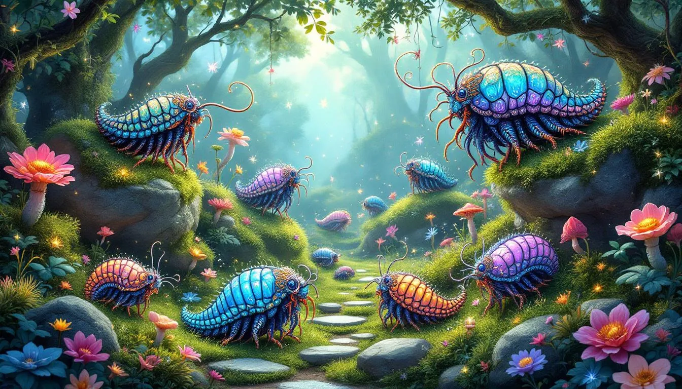 Different species of Meruellana isopods displayed in a natural setting.