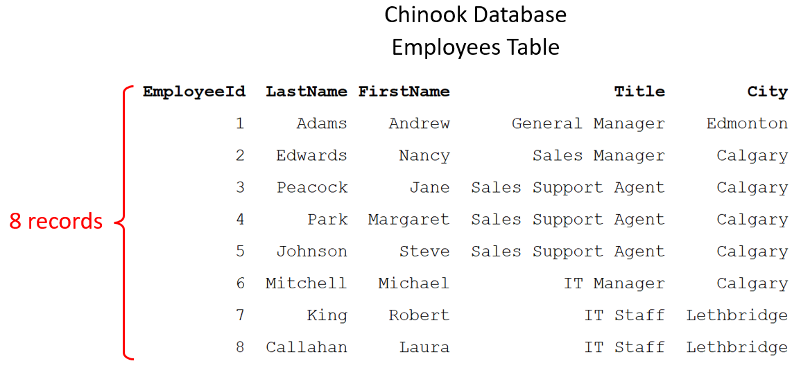 employees Table from the Chinook database