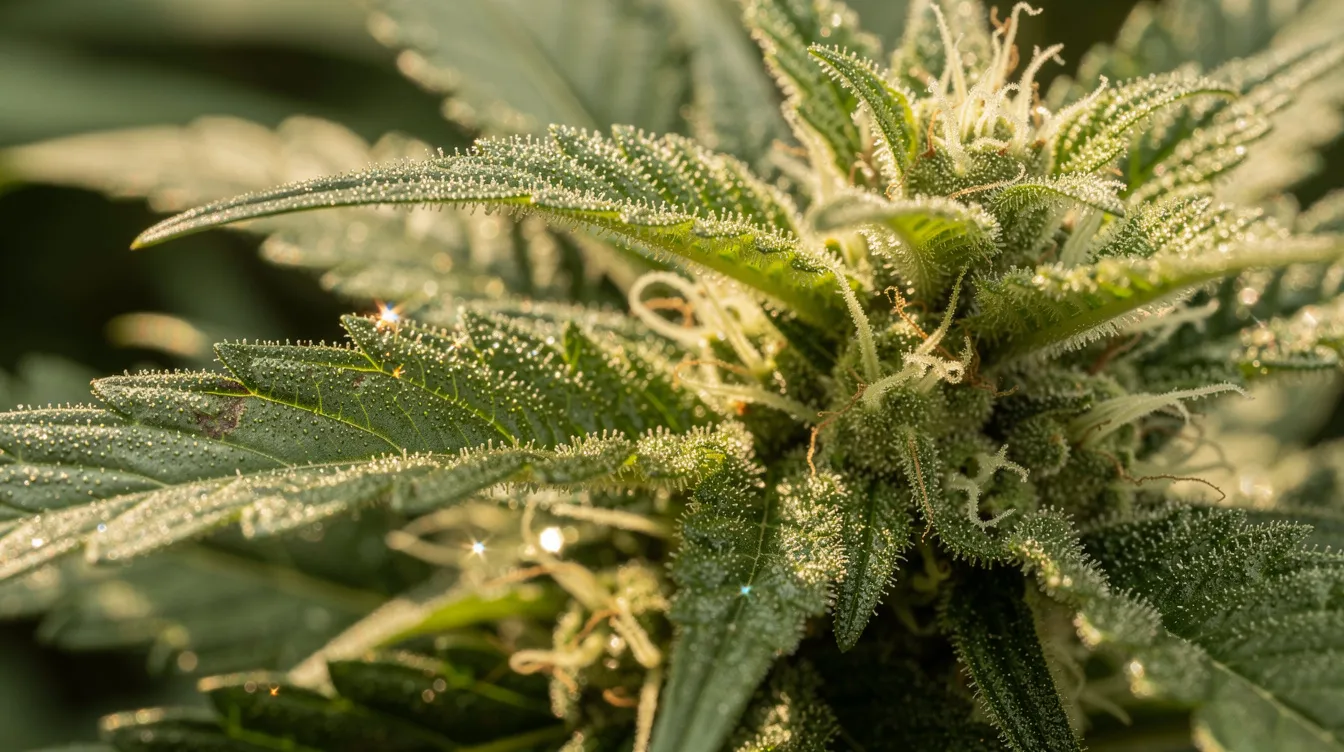 The image features a close-up view of raw green cannabis plant leaves, with tiny trichomes glistening in the sunlight, showcasing their natural beauty. This visual highlights the raw form of cannabis, which is subject to various regulations under Michigan law and the federal farm bill.