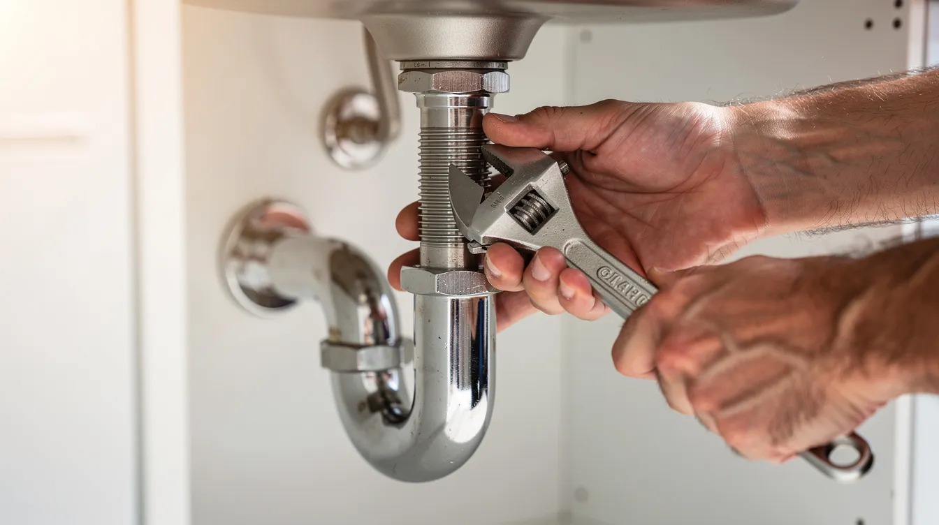 A close-up image shows a professional plumber's hands skillfully tightening a pipe connection under a kitchen sink, showcasing the technical expertise required in the plumbing industry. This scene highlights the importance of local services and the need for potential customers to find reliable professionals through search engines and local searches.
