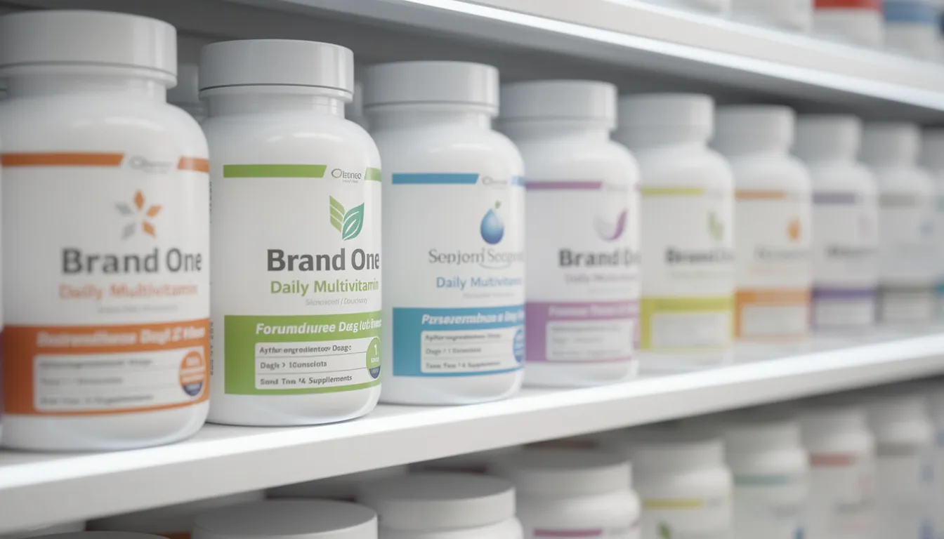 The image shows a variety of supplement bottles lined up on a store shelf, each featuring different brand labels despite having similar formulas. This display highlights the concept of private label vs white label supplements, illustrating how multiple brands can offer the same product while maintaining their unique branding and marketing efforts.