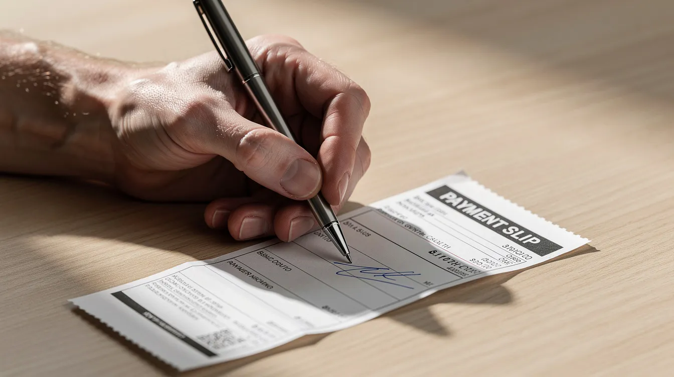 An image depicts a hand holding a pen, signing a paper payment slip on a wooden desk, illustrating a financial transaction. The scene highlights the act of paying money, which can refer to a cheque in British English or a check in American English, emphasizing the differences in spelling between the two.