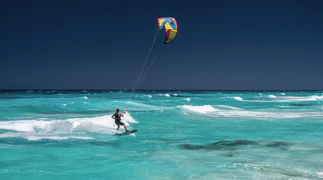 Eine Person kitesurft auf dem türkisblauen Wasser des Indischen Ozeans, umgeben von sanften Wellen und einem strahlend blauen Himmel. Diese Szene spiegelt das paradiesische Klima von Mauritius wider, ideal für Outdoor-Aktivitäten wie Kitesurfen während der besten Reisezeit von November bis April.
