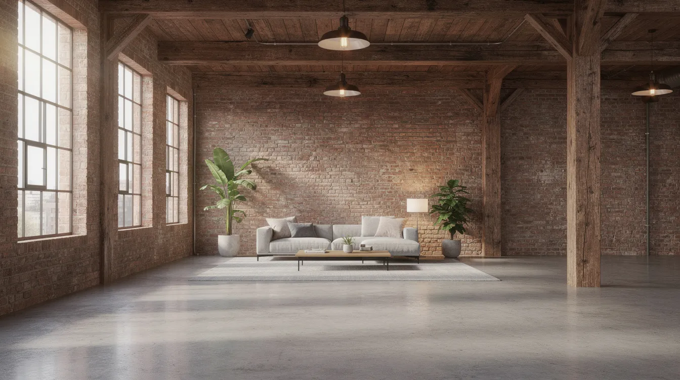 The image depicts the interior of an authentic loft space featuring exposed red brick walls and solid Douglas fir posts, complemented by steel ceiling beams that enhance the industrial aesthetic. This charming atmosphere reflects the historic roots of the Irwin Toy Factory, offering a unique blend of elegance and urban living in Liberty Village.