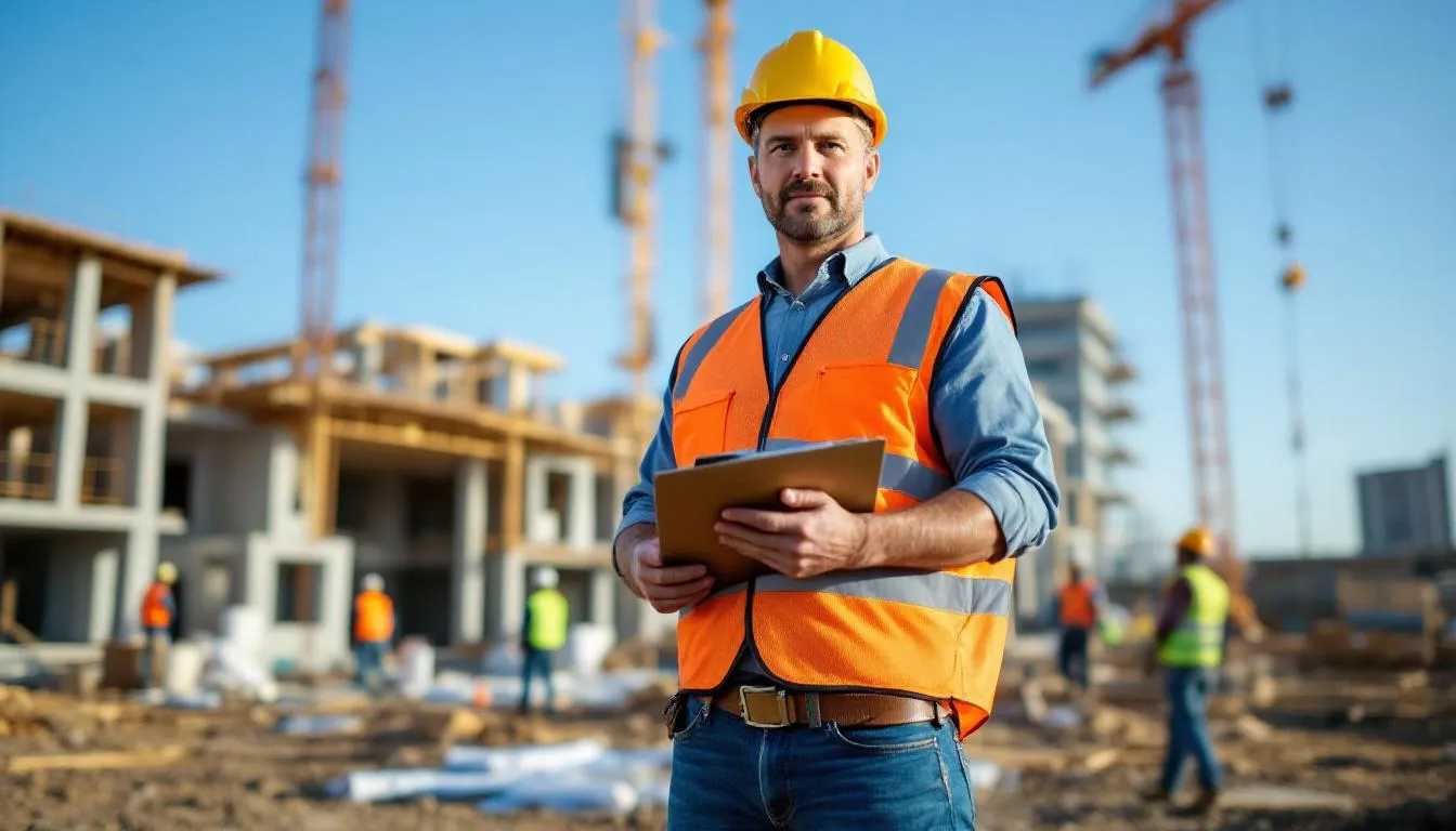 Un entrepreneur en construction se tient sur un chantier, entouré de matériaux de construction et d'outils, supervisant les travaux de rénovation d'une maison. Il est en contact avec des sous-traitants et démontre son savoir-faire et son engagement envers la qualité et la gestion des projets dans la région de Québec.