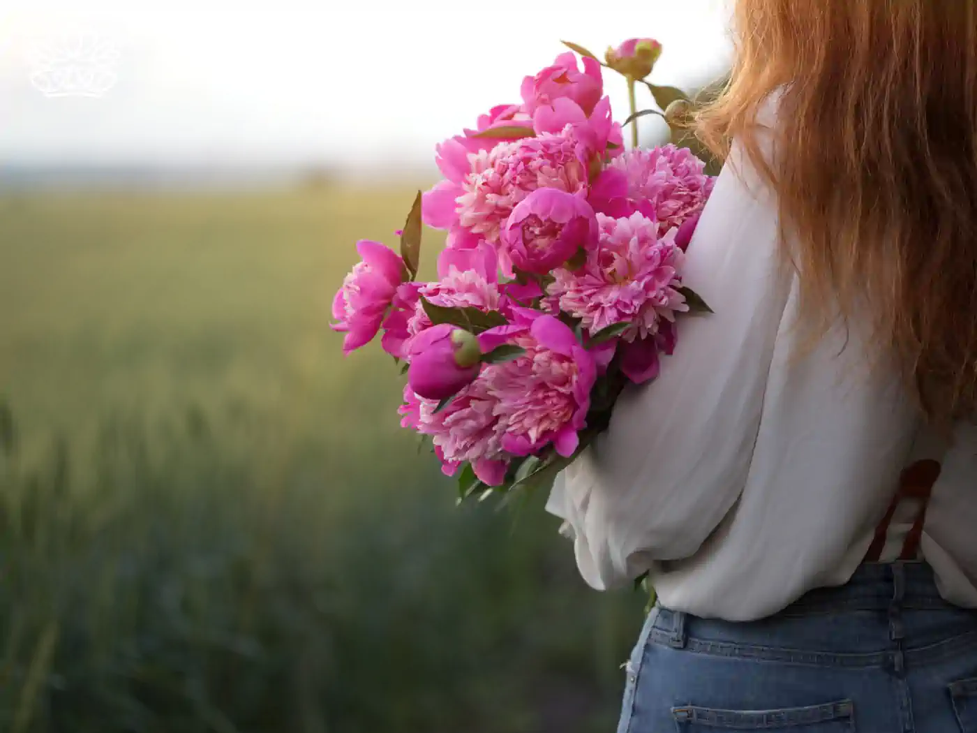 A woman holding a vibrant bouquet of pink peonies in a field. Fabulous Flowers and Gifts - Peonies Collection