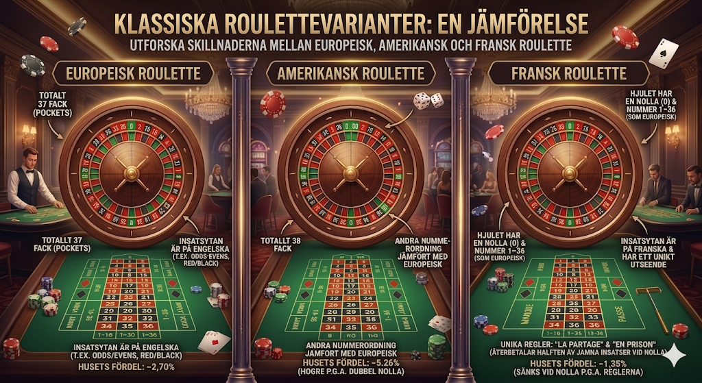 Europeisk, amerikansk och fransk roulette jämförelse – skillnader i nolla, odds, regler och house edge på roulettehjul