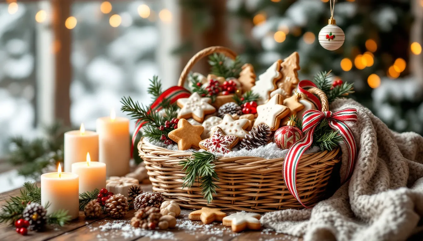 A beautifully arranged homemade Christmas gift basket filled with freshly baked cookies, handmade ornaments, and cozy fabric gifts, all tied together with festive ribbons and a cheerful 'Merry Christmas' tag, set against a joyful holiday background. This thoughtful gift showcases creative DIY gift ideas perfect for loved ones during the holiday season.
