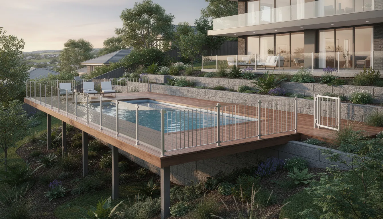 The image depicts a swimming pool situated on an elevated deck, surrounded by compliant pool fencing made of treated timber, ensuring safety on a sloped residential property. This setup highlights the importance of proper fencing installation for pool safety in lower Hutt, showcasing a stylish and functional outdoor space.