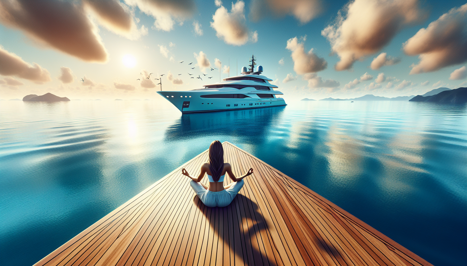 A person meditating on the serene deck of a yacht