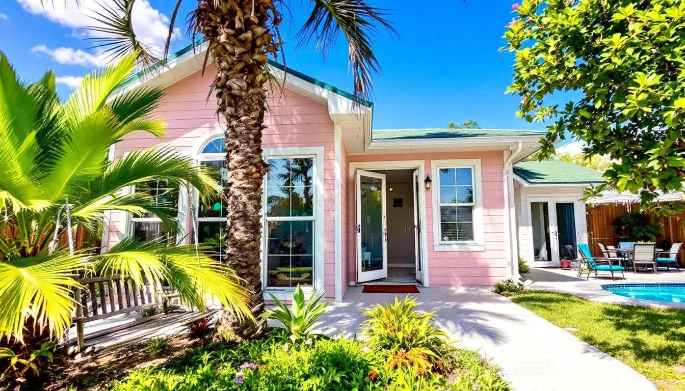 A charming Florida house rental features a well-maintained exterior with a welcoming front porch, surrounded by lush greenery typical of vacation homes in the area. This property is perfect for guests seeking a comfortable stay, with meticulous attention to cleanliness and a focus on providing a five-star experience.