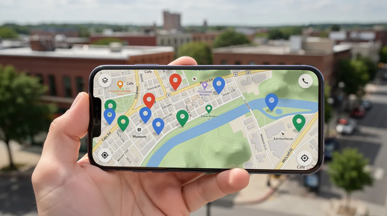 A smartphone screen shows a map application featuring multiple location pins scattered across a small city landscape, highlighting local businesses and enhancing online visibility for potential customers. This visual emphasizes the importance of local search engine optimization and digital marketing strategies for attracting more local customers.