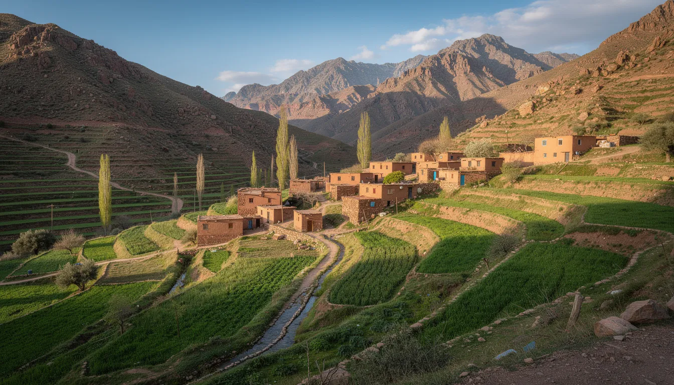 A terraced green valley in the Atlas Mountains showcases a traditional Berber village with stone buildings, framed by majestic mountain peaks in the background. This picturesque scene captures the essence of Morocco's rich history and natural beauty, making it a captivating highlight for anyone exploring the country.