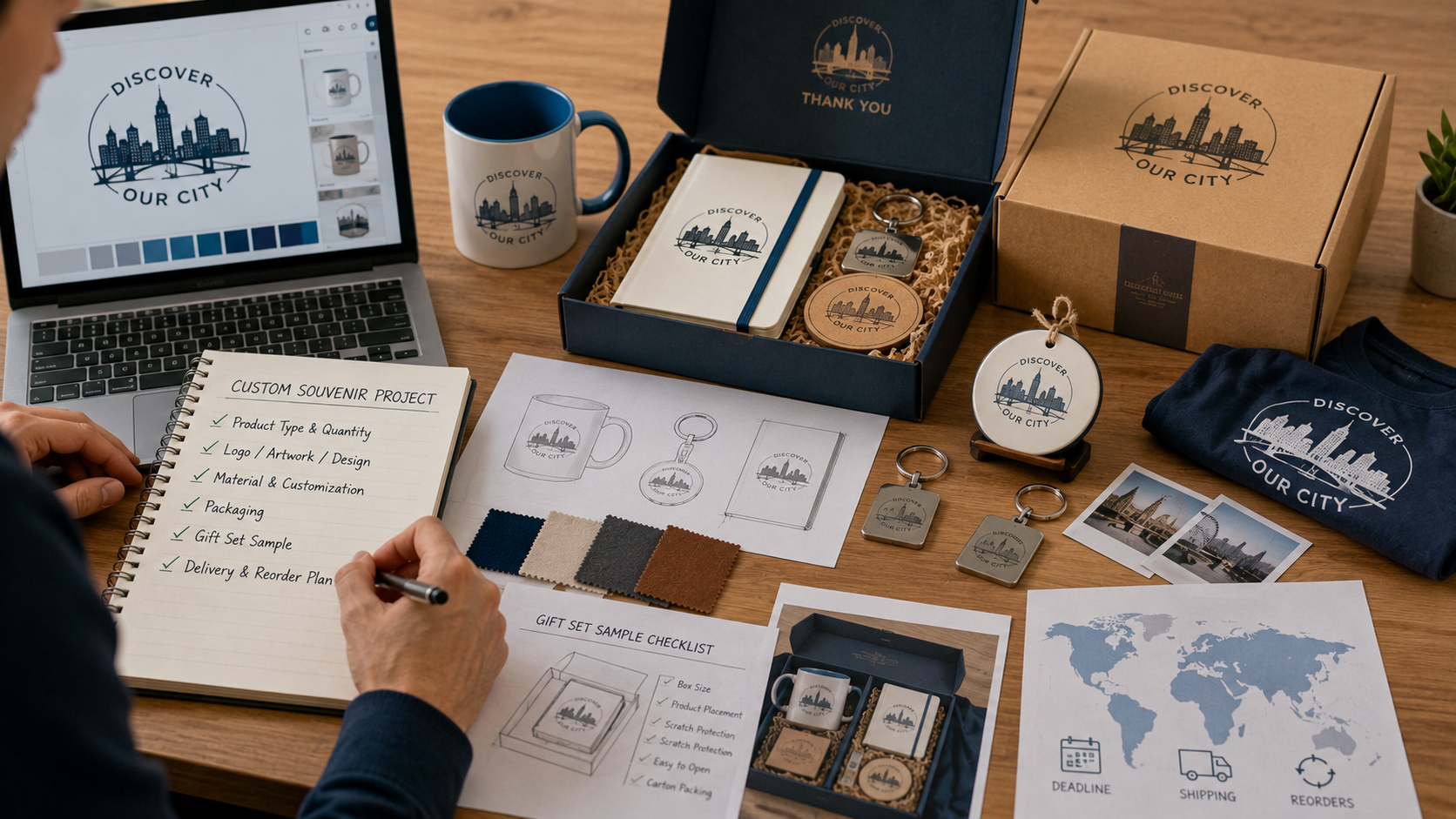 Planning a bulk custom souvenir order with product samples, logo artwork, packaging options, gift set approval, shipping, and reorder details