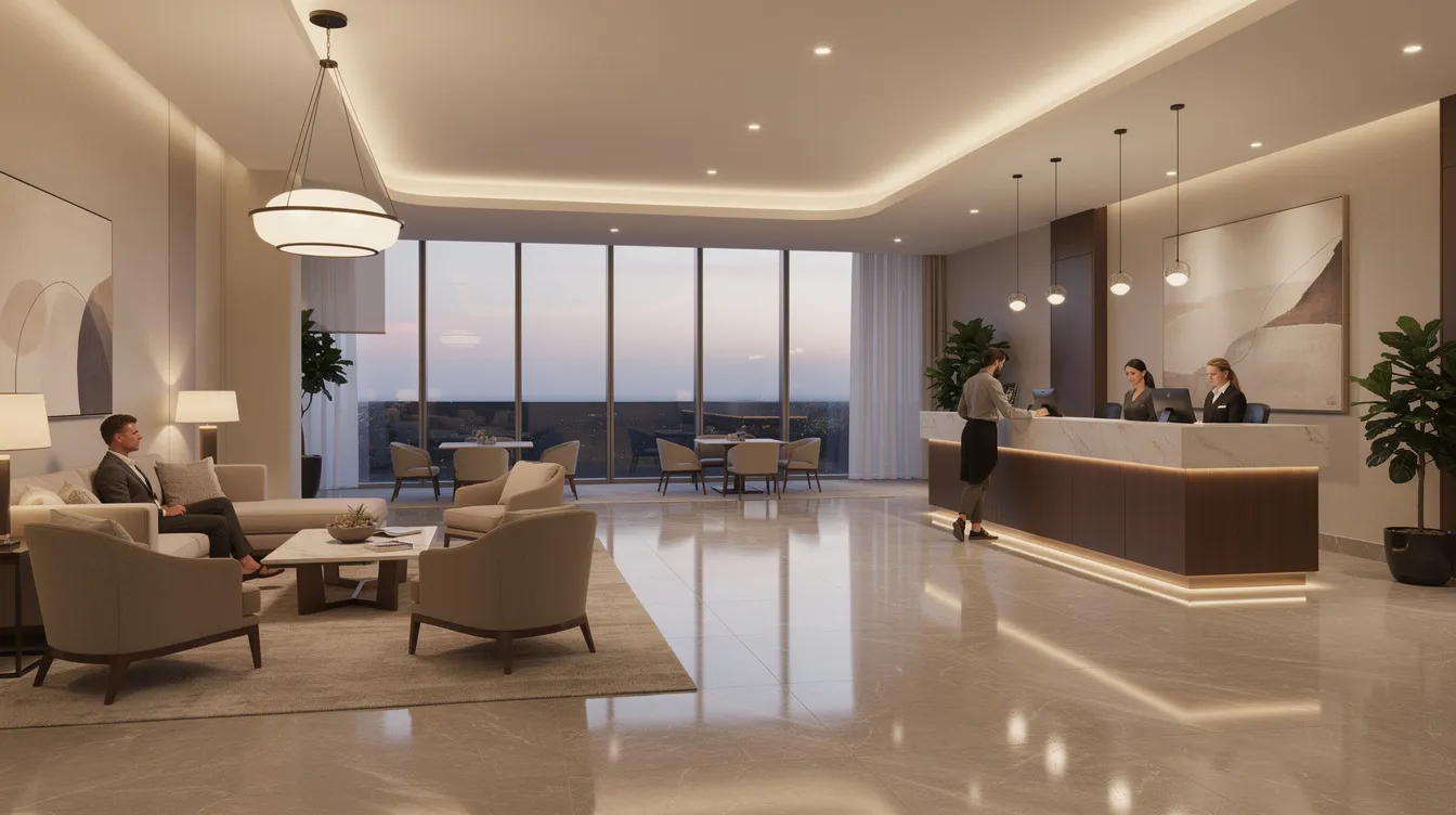 0e4667a5 cb84 44d1 a1c9 09bcc251e642 The image depicts a modern hotel lobby featuring a sleek reception desk and a cozy seating area illuminated by warm lighting, creating an inviting atmosphere typical of the hospitality industry. This setting reflects the importance of design and comfort in the tourism sector, essential for attracting guests to new hotels and enhancing their experience.