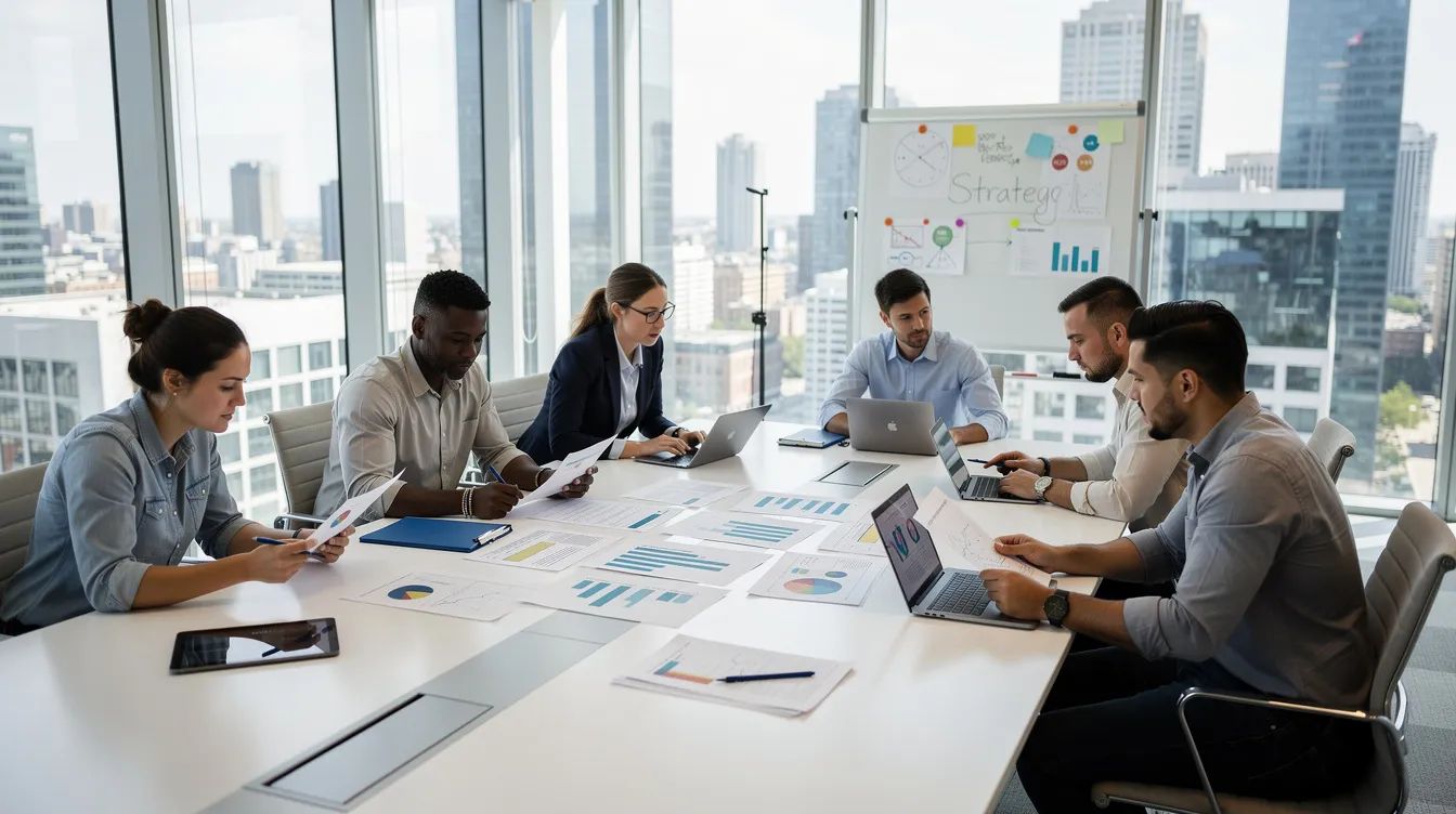 A diverse startup team is gathered around a conference table in a modern office, intently reviewing documents related to potential investments and business plans, showcasing their collaborative approach to capital raising and diligence in supporting emerging companies. The atmosphere reflects a focus on innovation and legal expertise necessary for navigating venture capital transactions.