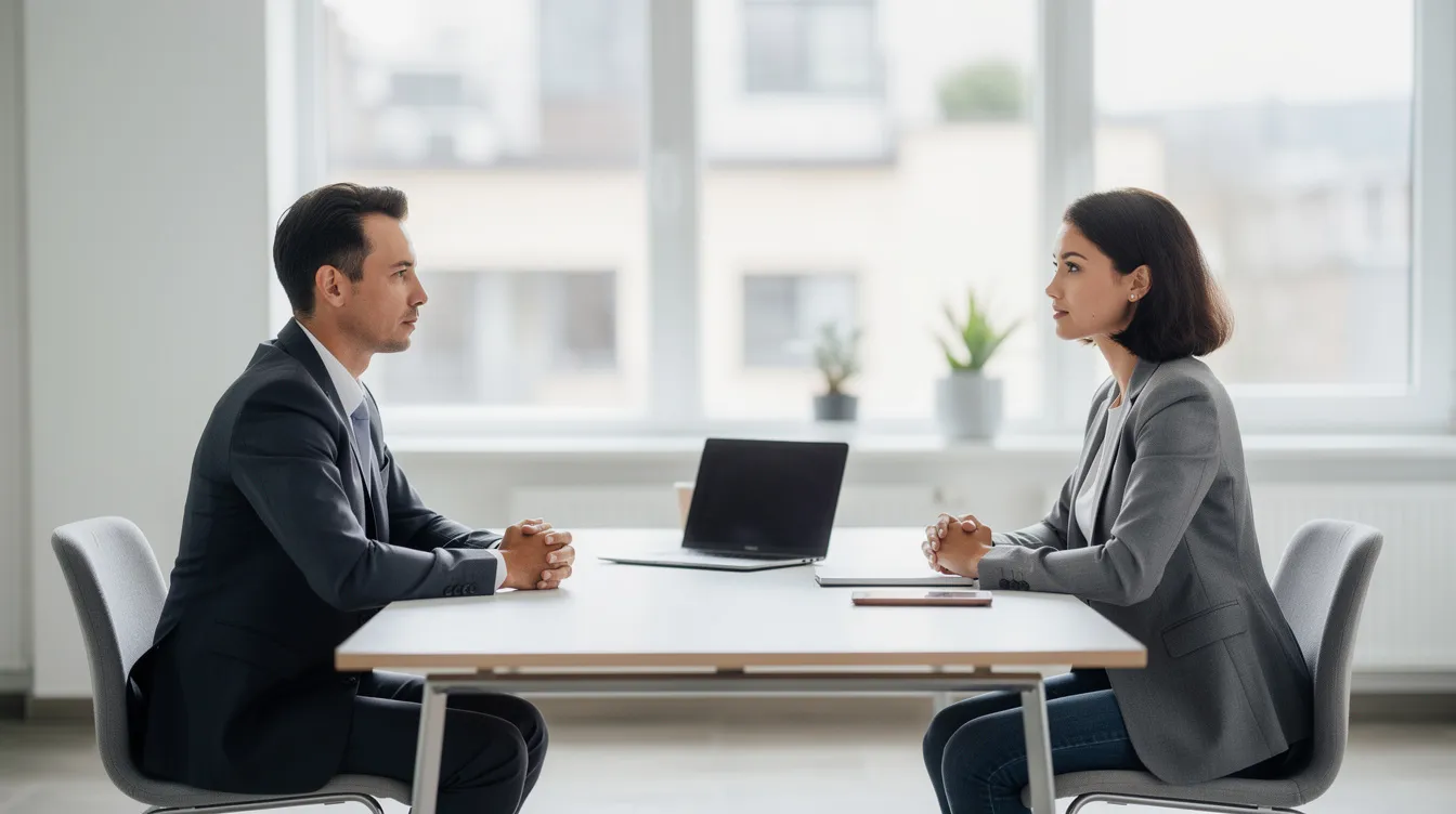 Een sollicitatiegesprek vindt plaats in een modern kantoor waar twee personen aan een tafel zitten, zonder zichtbare documenten. Dit gesprek kan belangrijke informatie over de burgerlijke staat en overige persoonlijke gegevens van de sollicitant omvatten.