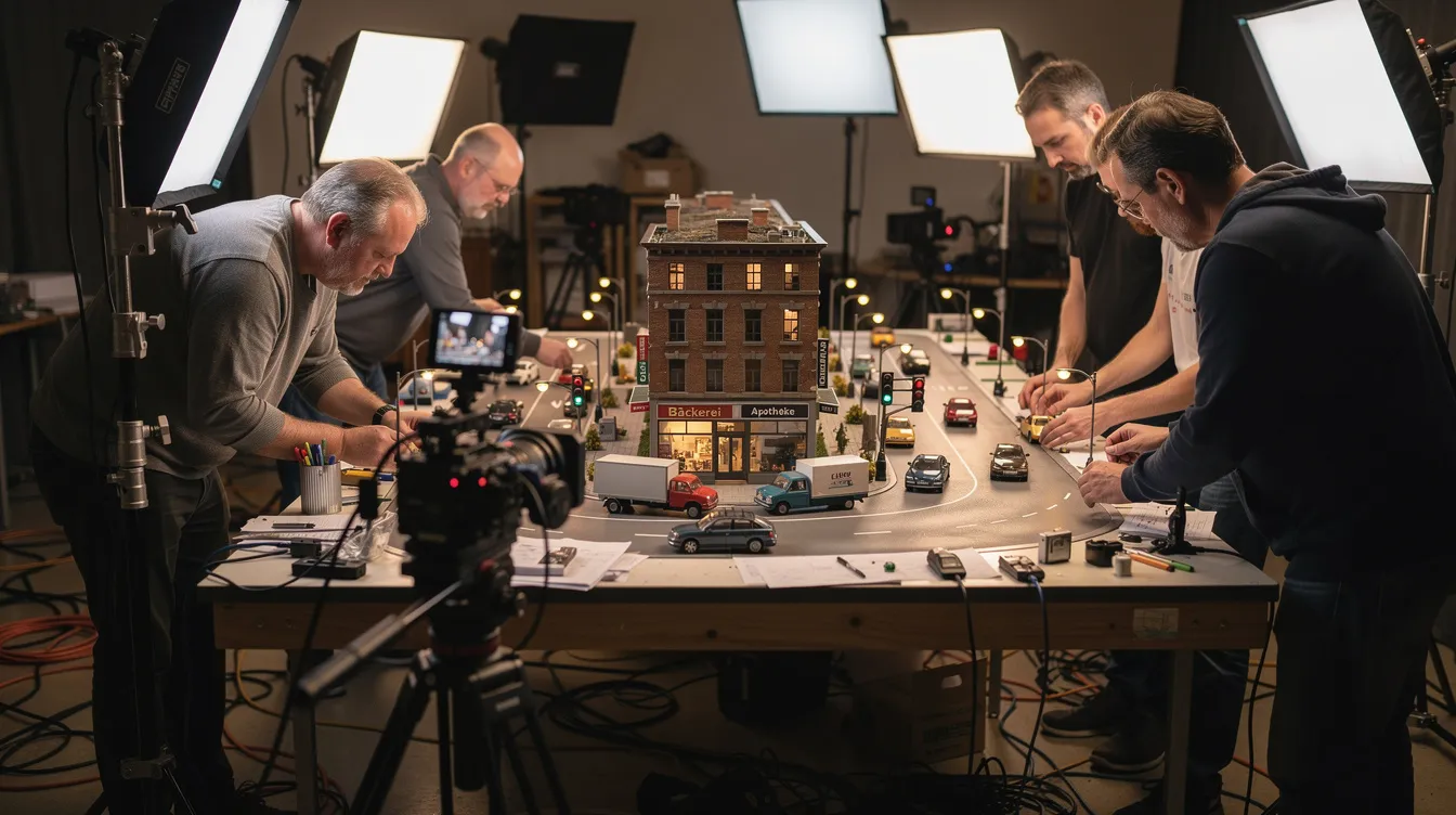 In der Szene arbeiten Filmtechniker an einem detaillierten Miniaturmodell einer Straßenszene, das mit kleinen Fahrzeugen und Beleuchtungsequipment ausgestattet ist. Diese kreative Arbeit erinnert an die aufwendigen Kulissen und Effekte, die in Filmen wie "Zurück in die Zukunft" verwendet werden, um eine lebendige Filmwelt zu erschaffen.