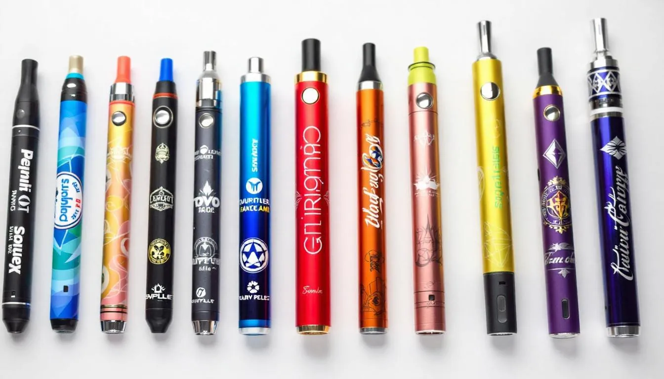 The image showcases a variety of custom vape pen designs, featuring an array of vibrant colors and unique branding elements. Each pen represents high-quality vaping technology, appealing to customers looking for both style and performance in their disposable vape options.
