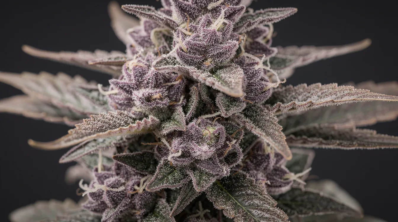 A close-up view showcases dense purple and green cannabis buds, adorned with a thick frosty coating of sparkling white trichomes, set against a dark background. This image highlights the Mendo Breath strain, known for its potent effects and soothing qualities, making it ideal for evening use and pain relief.