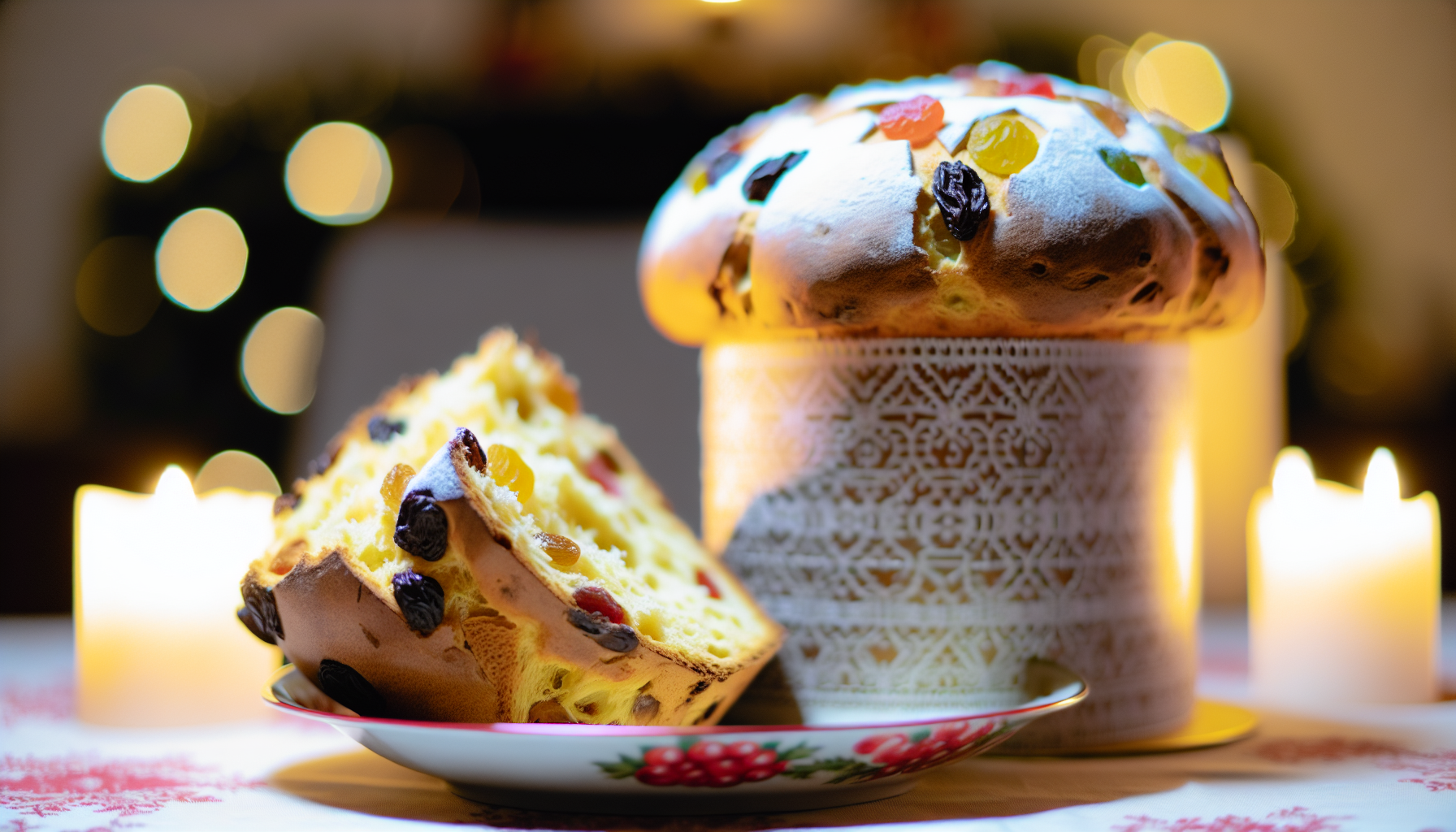 Panettone, a sweet Italian fruitcake filled with candied fruits and raisins, often enjoyed during the holiday season
