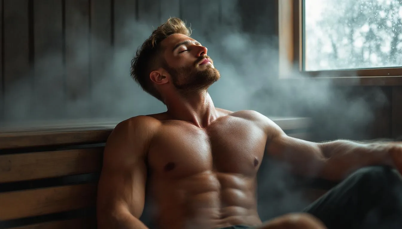 The image depicts a serene sauna room, where individuals are engaged in sauna bathing, promoting muscle relaxation and overall well-being. The warm environment is designed to enhance blood flow and provide potential health benefits, including pain relief and reduced stress.