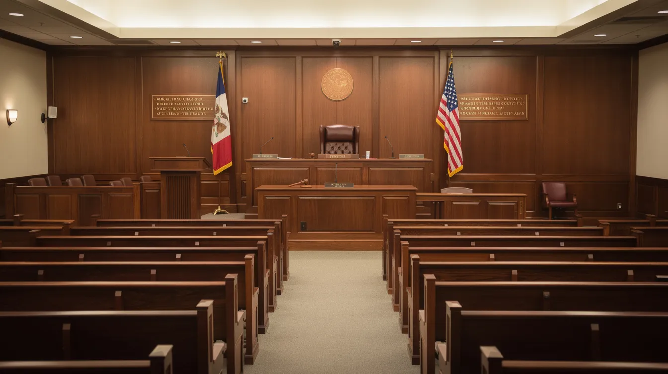 The image depicts the interior of an empty courtroom featuring wooden benches and an American flag prominently displayed. This setting symbolizes the legal environment where wrongful death lawsuits and claims are pursued to seek justice for surviving family members in New Mexico.