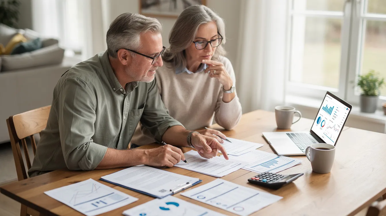 A couple in their early 60s is seated at a table, closely reviewing financial documents related to their retirement savings and accounts. They appear focused and engaged, possibly discussing their retirement goals and investment strategies to ensure financial freedom in their upcoming retirement age.