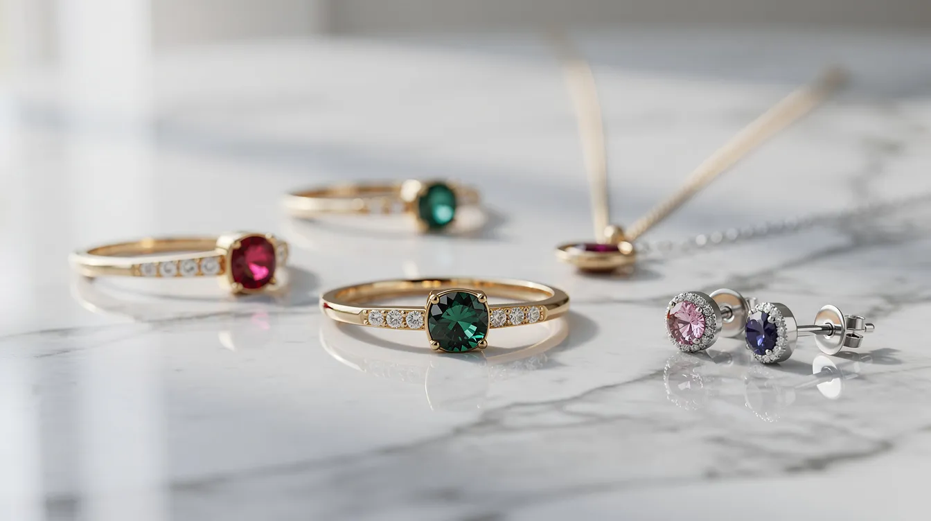 The image showcases elegant gold and silver birthstone jewelry artfully arranged on a marble surface, featuring a variety of gemstones such as sapphire, amethyst, and diamond, representing different months and zodiac signs. This display highlights the classic beauty and timeless appeal of these modern birthstones, making them a perfect gift for any occasion.