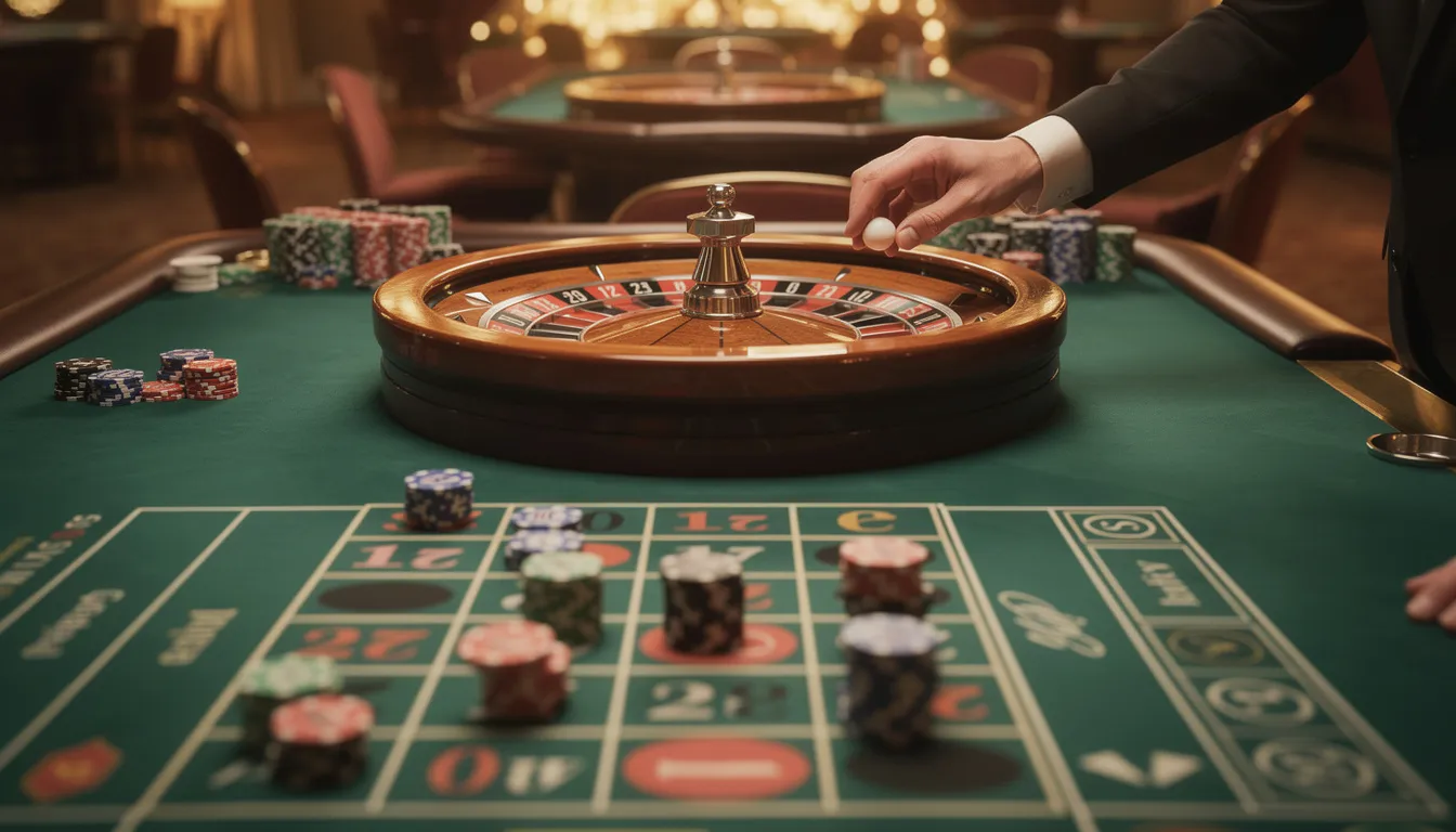 En dealer står vid ett roulettebord och snurrar hjulet medan spelmarker ligger utspridda på bordet. Denna bild fångar spänningen i ett live casino där spelare kan använda swish för snabba insättningar och uttag.