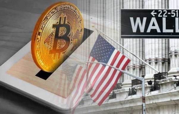 Bitcoin logo, Wall Street, American flags