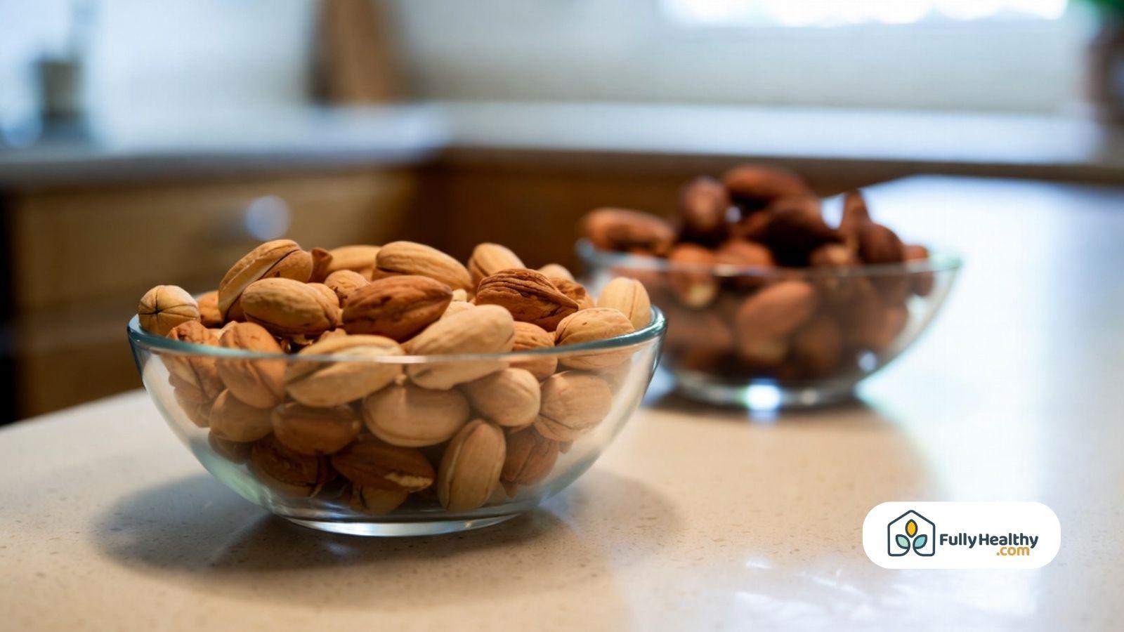 Glass bowls filled with mixed nuts on a kitchen counter with soft natural lighting.