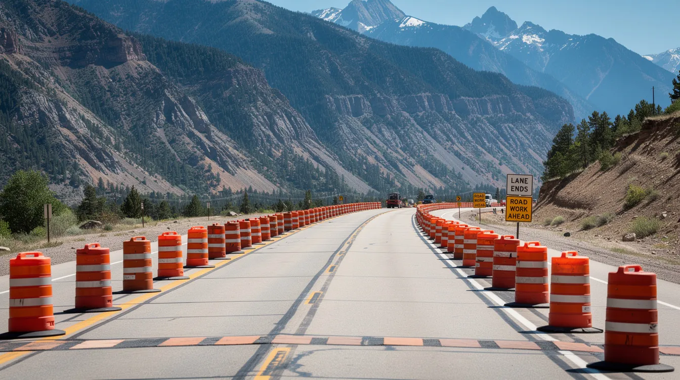 The image depicts a Colorado highway under construction, featuring orange barrels and cones marking a lane reduction area, with majestic mountains in the background. This construction zone highlights the importance of staying alert for potential construction zone accidents and adhering to reduced speed limits.