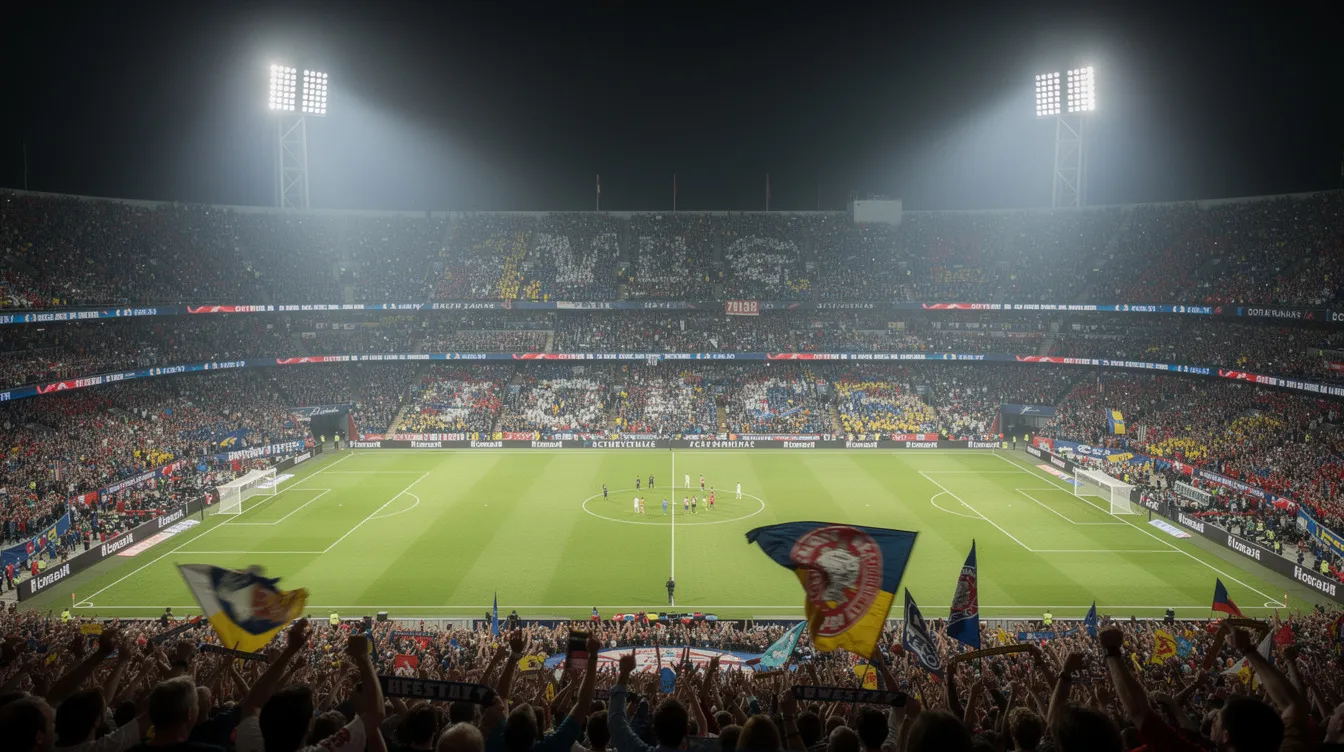 The image shows a packed football stadium at night, with bright floodlights illuminating the pitch and a sea of enthusiastic fans cheering for their team. This vibrant scene captures the excitement of live sports, reminiscent of the thrilling experience offered by an IPTV service for watching live UK channels like Sky Sports and BT Sport.