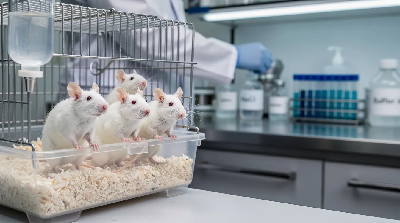 The image depicts laboratory mice in a research setting, where scientists investigate the relationship between nicotinamide adenine dinucleotide (NAD) levels and energy production in living cells. These studies aim to understand the potential benefits of NAD in combating aging and its role in DNA repair and mitochondrial dysfunction.