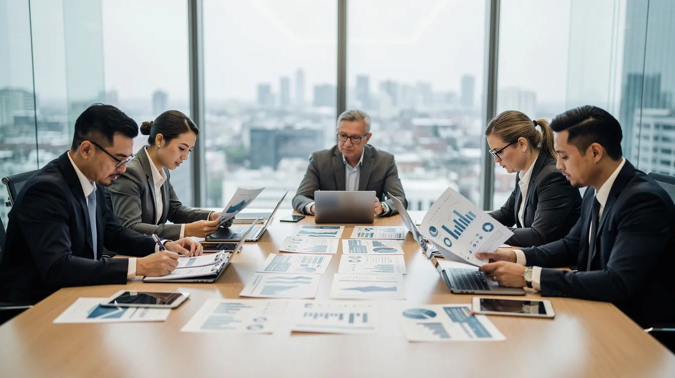 A diverse group of professionals is engaged in a business meeting, attentively reviewing documents related to property transactions. They are discussing key aspects such as the sale and purchase agreement and legal considerations necessary for navigating Dubai's real estate market.