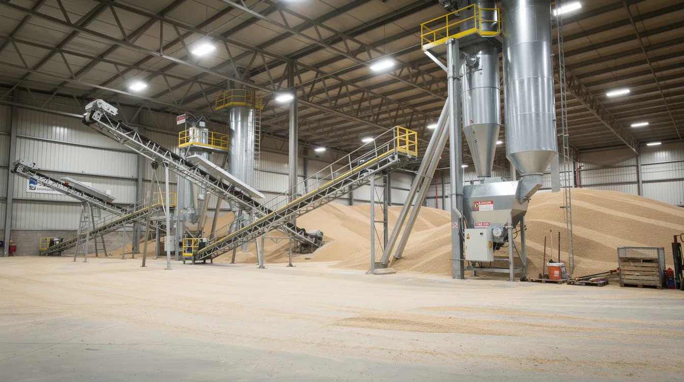 0e52b7c3 5e86 4d06 81d1 f39555788479 The image depicts industrial grain handling equipment, including conveyors and bucket elevators, inside a large modern grain warehouse designed for efficient grain storage solutions. This facility employs advanced grain storage technology to maintain grain quality and prevent spoilage, ensuring safe storage of food grains with optimal moisture control.