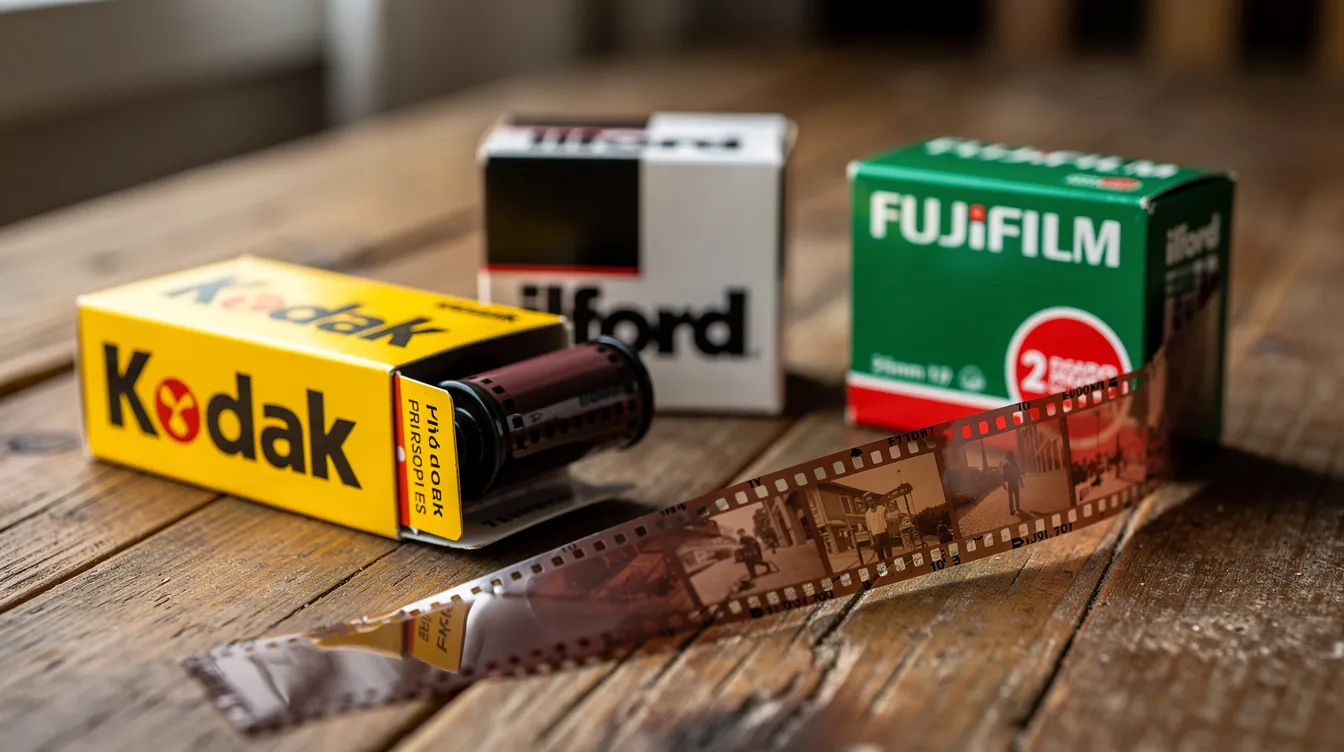 Die Nahaufnahme zeigt mehrere Filmrollen in ihren Originalschachteln auf einem Holztisch, darunter eine gelbe Kodak-Box, eine schwarz-weiße Ilford-Verpackung und eine grüne Fujifilm-Schachtel. Neben den Rollen liegt ein ausgerollter Filmstreifen mit sichtbaren Negativbildern, der die Vielfalt der Produkte und Farben verdeutlicht.