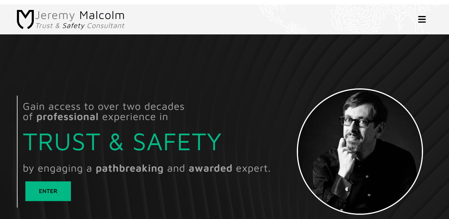 consulting websites: jeremy malcolm trust and safety consultant website homepage screenshot